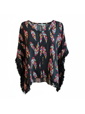 Annie Griffin Feather Print Fringe Boho Blouse Poncho Top Black Multicolor S